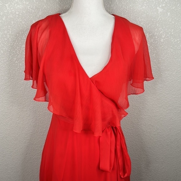 Asos Red Orange V-Neck Faux Wrap Flowy Whimsical Fairy Maxi Dress Size 4 - Picture 2 of 10